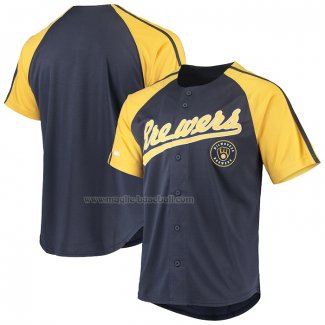 Maglia Baseball Uomo Milwaukee Brewers Button Down Raglan Replica Blu